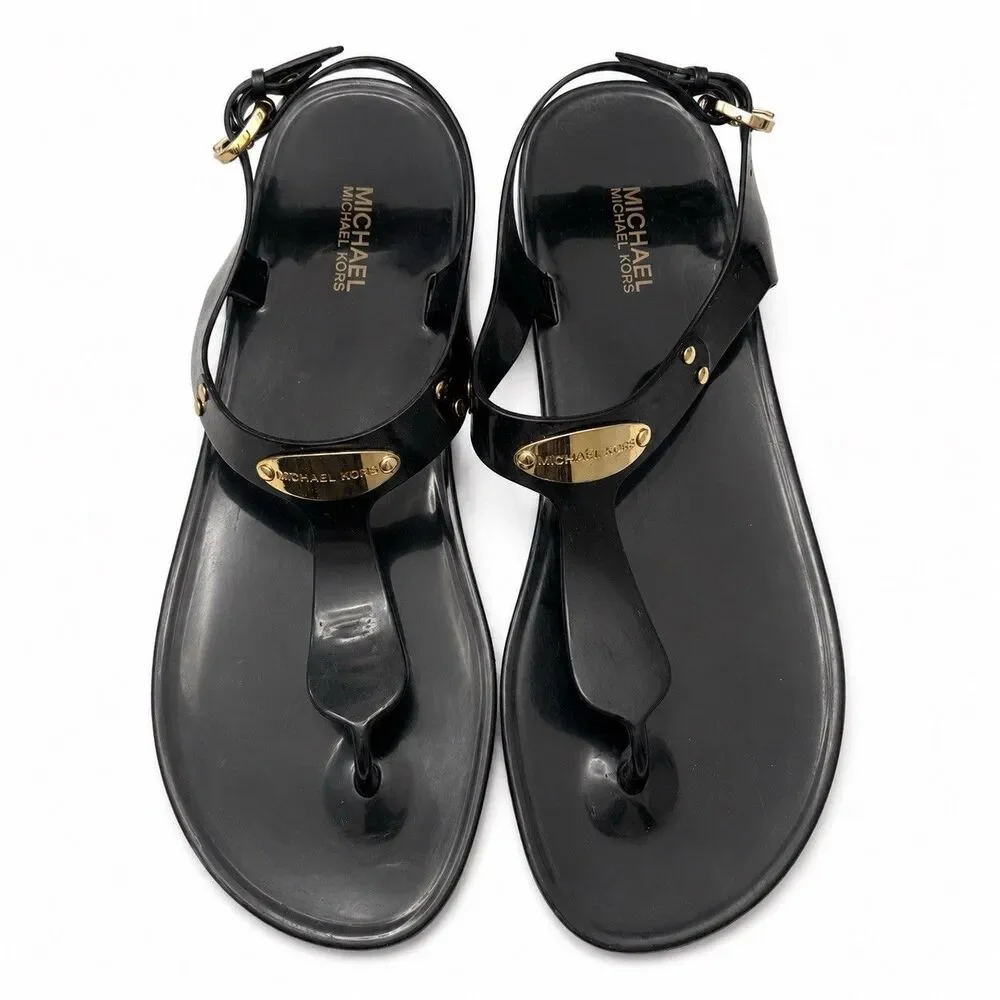 Michael Kors Black Gold PVC Thong Slingback Sandals Women’s Size 8M